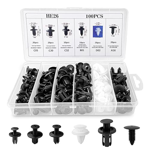 Fousenuk 100 Pièces Clips Voiture Universel, 6 Taille Clips de Fixation Voiture Outils, Rivet Plastique, Agrafes Carrosserie pour Pare-Chocs Porte de Voiture Fender Push Kit de Remplacement