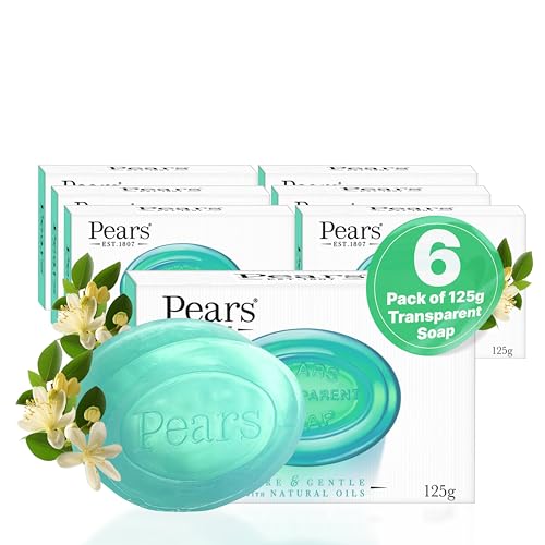 Pears Pure & Gentle Transparent Natural Soap Bar - Made with Lemon Flower Extracts, Nourishing and Refreshing Bathing Cleanser, Gentle & Soothing Skin Care, Pure Transparency, Pack of 6 x 125g