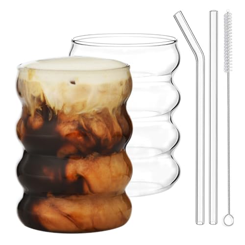 ALINK 350 ML gerippte trinkgläser Set of 2 with Glass Straws, bubble gläser, wave gläser, Wassergläser,Longdrinkgläser,Trinkgläser,Cocktail Gläser for Milk,Soda