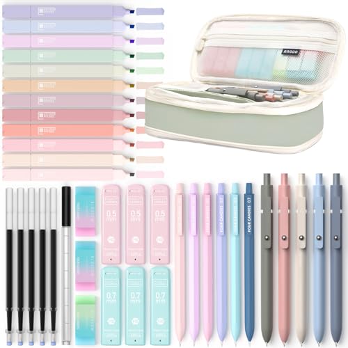 Four Candies 39 Stück Schulsachen mit Mäppchen, 12 Pastell Textmarker, 5 Gelstifte, 6 Druckbleistift Set, Aesthetic Stifte und Coole Sachen für Teenager Mädchen School Stuff Clean Girl (Grün)