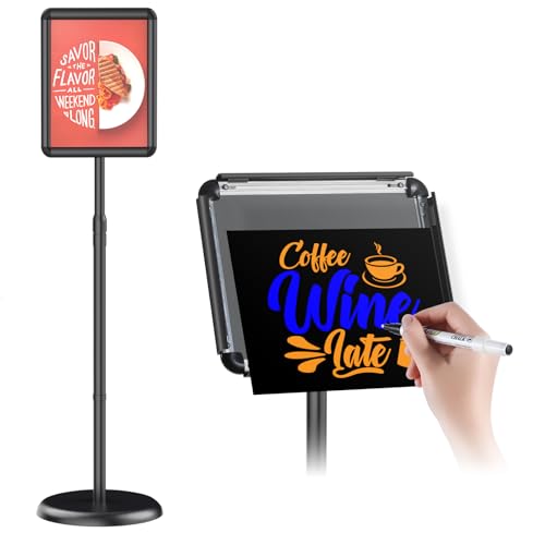 Newzueby Pedestal Floor Stand Sign Holder for 8.5*11 inches Poster or chalk board, Snap open frame,360° Rotation,Outdoor Indoor Standing Display Sign Holders for commerical, directional use, Black