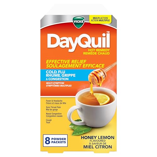 Vicks DayQuil Hot Remedy Cold, Flu & Congestion Medicine, Daytime, Non-Drowsy Relief for Fever & Headache, Sore Throat Pain, Nasal Congestion, Cough, Multi-Action, Honey Lemon Flavoured, 8 Powder Packets
