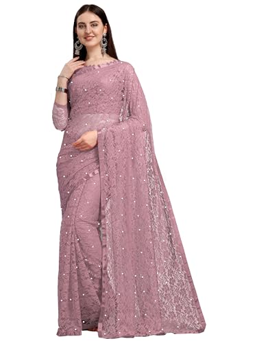 LOROFY Women's Net Saree With Blouse, Choklate, One Size