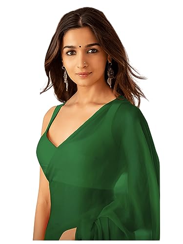 Sidhidata Women's Plain Georgette Saree With Unstitched Blouse Piece (Rocky Aur Rani Ki Prem Kahani Alia Bhatt Saree) (Bottle Green)