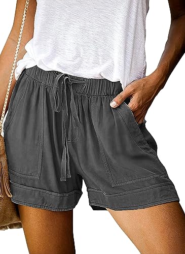 Velinsak Womens Shorts Summer Casual Comfy Cotton Linen Shorts High Waist with Elastic Waist Drawstring and Pockets Dark Grey Medium