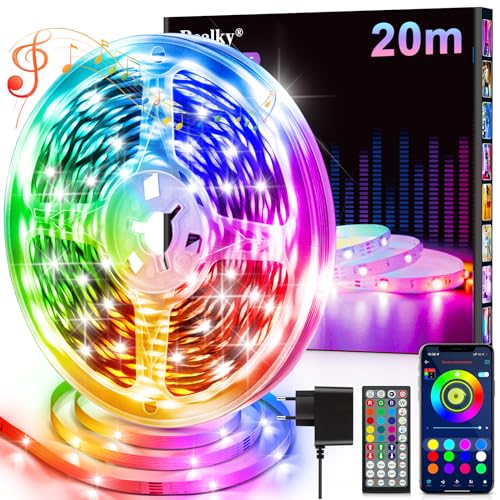 Realky LED Strip Streifen 20m mit Fernbedienung & App Musik Sync, RGB Lichterkette Dimmbar Farbwechsel, Leiste Band LEDs Stripes Bluetooth Selbstklebend für Zimmer Deko/Küche/Decke, (HX-DD-004)