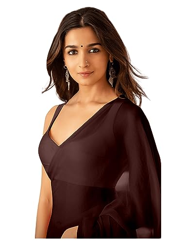 Sidhidata Women's Plain Pure Georgette Saree With Unstitched Blouse Piece (Rocky Aur Rani Ki Prem Kahani Alia Bhatt Saree), Coffee, One size
