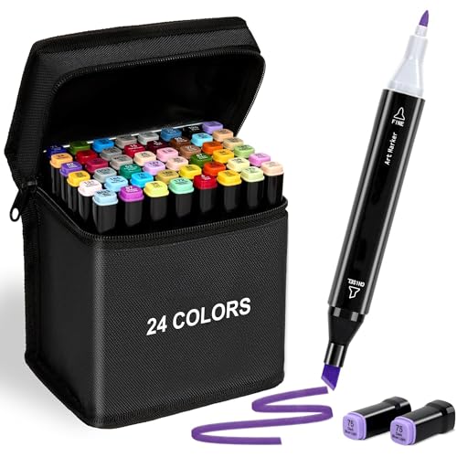 KLIFFOO Dual Tip Colorful Art Markers Sketch Pens 24 Colors With Carrying Case For Painting Sketching Calligraphy Drawing -Twin Head Permanent Colouring Marker Pens For Kids Adult, Multicolor (24)