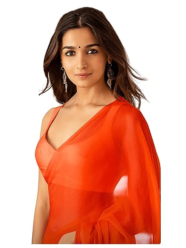 Sidhidata Women's Plain Georgette Saree With Unstitched Blouse Piece (Rocky Aur Rani Ki Prem Kahani Alia Bhatt Saree) (Dark Orange)