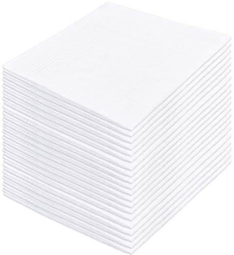 DHOOZ 20 Pcs Cotton Handkerchiefs, White Men's Handkerchiefs & Pocket Squares, Large Hankies for Suits (Soft 100% Cotton Hanky Bulk), Mens Handkerchief