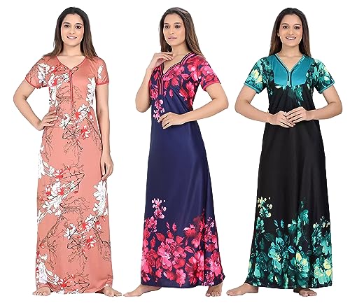 G4Girl Nighty For Women/Girls (Combo Of 3 Pcs, Satin, Maxi, Multicolor) Free Size