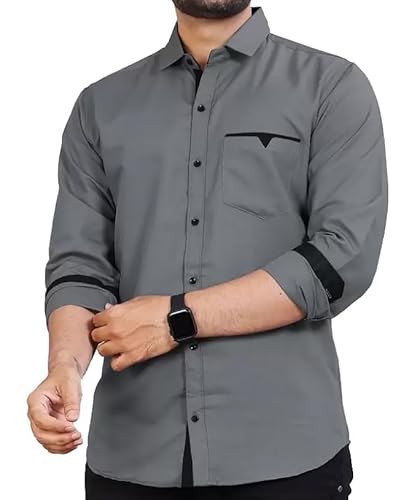 CB-COLEBROOK Men Regular Fit Solid Spread Collar Casual Shirt (Medium, Cadet Grey)