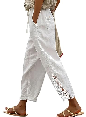 Acelitt Womens Casual Linen Pants Lightweight Drawstring Elastic Waist Fall 2025 Beach Slacks Capri Pants Trousers White Medium