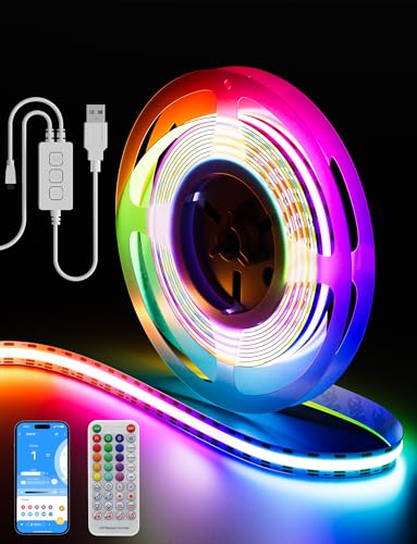 PAUTIX RGB Smart IC COB LED Strip Light Color Chasing,5V USB UL-Listed Multicolor Flexible Tape Light 6.56ft/2m with Music Mode/APP Control,for TV,Bedroom,Party DIY Decoration