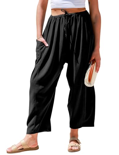 TARSE Womens Linen Pants Casual Wide Leg Loose Drawstring Low Waist Beach Palazzo Harem Pants with Pockets(Black,M)