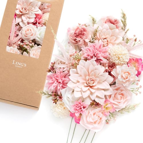 Ling's Moment Fake Flowers Box, Faux Artificial Greenery Stems Foam Dahlia Silk Peonies for Wedding Decor Centerpieces Table Decorations Floral Arrangements, Azalea Pink & Champagne Pink, Deluxe Combo