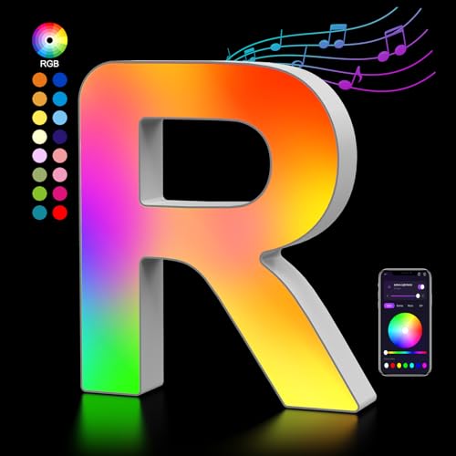 Light Up Letters USB Powered, LED Letter Lights Color Changing Alphabet Sign Gifts for Girls Women Party Birthday Decorations, APP Control, Night Light Christmas Valentine Wall Table Decor - R