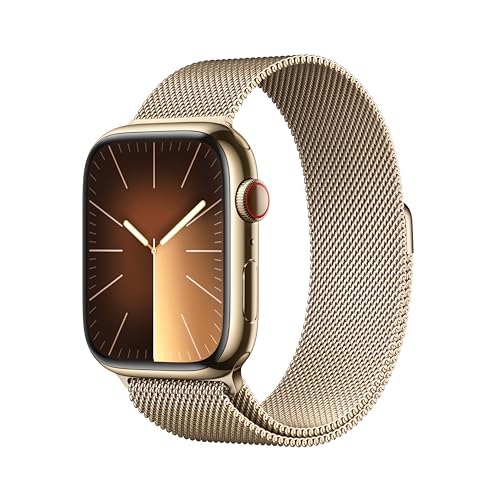 Apple Watch Series 9 [GPS + Cellular 45mm] Smartwatch with Gold Stainless Steel Case with Gold Milanese Loop. Fitness Tracker, Blood Oxygen & ECG Apps, Always-On Retina Display