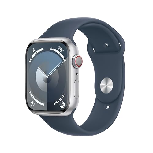 Apple Watch Series 9 [GPS + Cellular 45mm] Smartwatch with Silver Aluminum Case with Storm Blue Sport Band M/L. Fitness Tracker, Blood Oxygen & ECG Apps, Always-On Retina Display