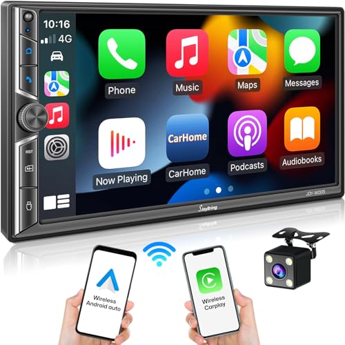 [Upgrade Wireless] 7" Double Din Car Radio with Wireless Apple CarPlay and Android Auto, Bluetooth 5.3 Car Play, 240W 4.2-Channel Audio Output, Mirror Link, Backup Camera, AM/FM Car Stereo