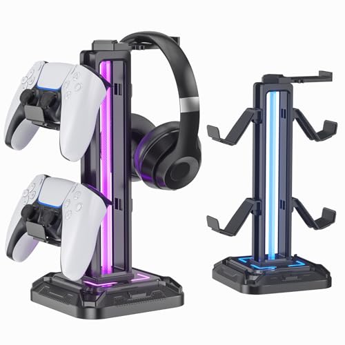 KDD RGB Headset Stand with 9 Light Modes - Gaming Controller Holder for Desk - Rotatable Headphone Stand & Detachable Controller Hook for Gamer Gaming PC Xbox ONE PS5 Earphone Accessories(Black)
