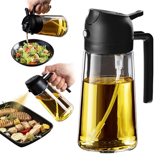 TrendPlain 470ml Olive Oil Spray Bottle for Kitchen Gadgets - 2 in 1 Olive Oil Dispenser Bottle and Air Fryer Accessories for Cooking, Salad and BBQ - Black