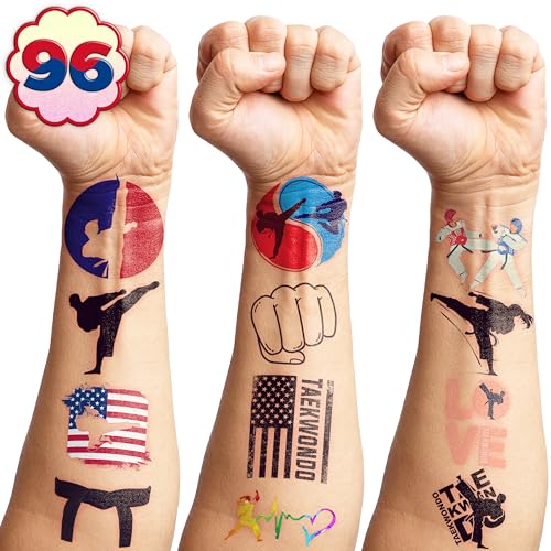 96PCS Taekwondo Pre-Cut Temporary Tattoos – Karate & Kung Fu Themed Party Favors, Cute Fake Tattoos for Kids, Boys, and Girls – Birthday Party Supplies, School Rewards & Gifts