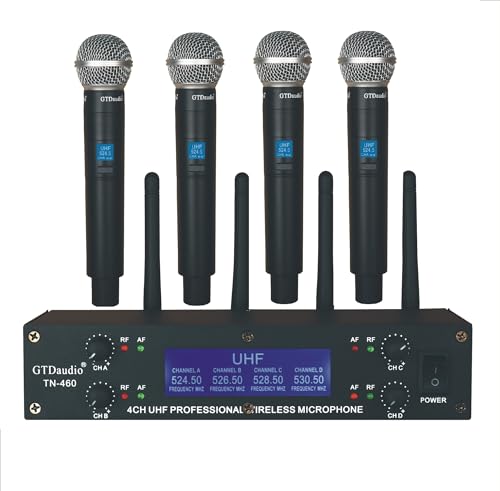 GTD Audio UHF Wireless Microphone System, Pro 4-Channel Cordless Mic Set with Four Handheld Mics, Range 300ft, Ideal for Church,Karaoke, Events