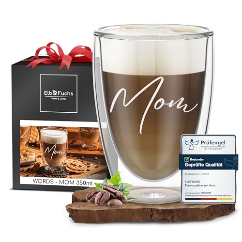 ElbFuchs® Doppelwandiges Latte Macchiato Glas | MOM | 1x 350ml [GESCHENKIDEE FÜR MAMA] Ideales Geburtstagsgeschenk für Mütter oder werdende Mama | Glas mit Gravur zum Muttertag