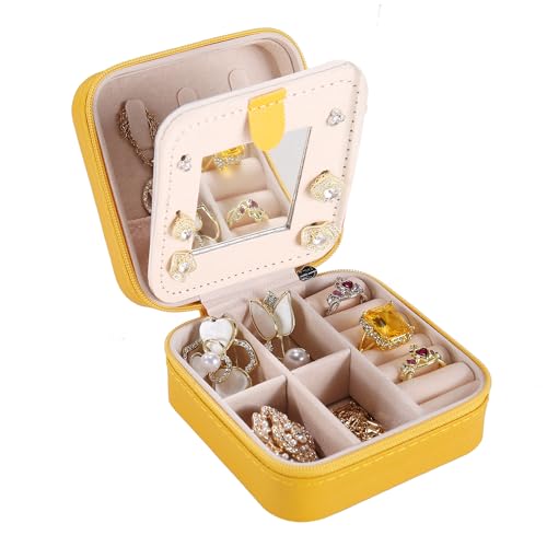 KElofoN Travel Jewelry Case with Mirror - Small Organizer Box for Girls & Women (Yellow)
