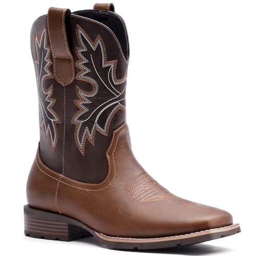 Lumeheel Cowboy Boots for Men - Western Square Toe Men's Brown Boots with Classic Embroidered, Slip on Chunky Heel for Spring Fall 10M