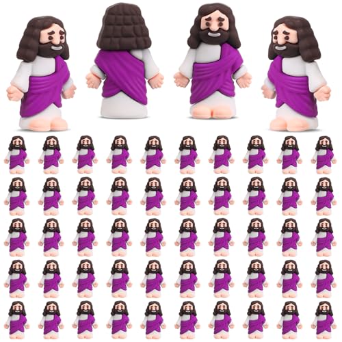 Bememo 50 Pcs Mini Jesus Figures Original Design Jesus Toys Little Figures to Hide and Seek Sunday School Religious Easter Party Favors Gift(Purple)