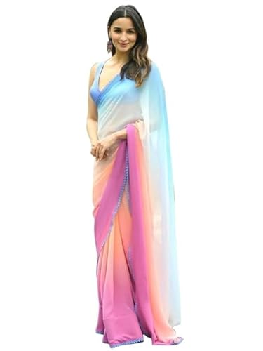 Jaanvi fashion Women's Multicolor Georgette Leheriya Printed Saree With Unstitched Blouse Piece (Alia Bhatt Saree)