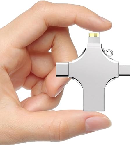Wayzu 4-in-1 USB Flash Drive, Multi-Device Compatible, Type-C/Lightning/Micro-USB/USB-A, Portable Storage Device, Silver (32GB)