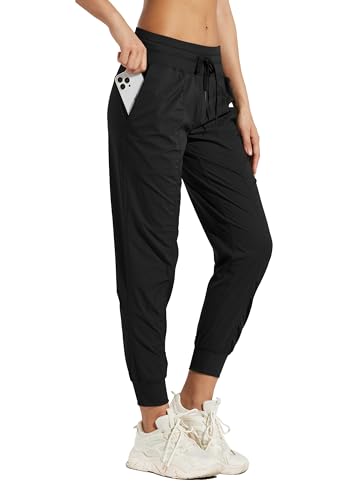 Willit Women's Studio Joggers Hiking Travel Dance Pants Striped Workout Lounge Drawstring Pants with Pockets Black 14