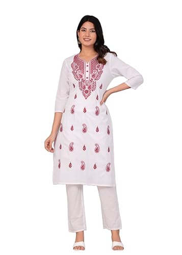 JG JAI GOVINDAM Women's Traditional Chikankari Cotton Kurta Indian Hand Embroidered Kurti Tunic for Women (WHITE-M)