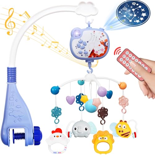 Crib Mobile with Music and Lights, Baby Mobile for Crib Toys with Rotation, Remote Control, Projection, Nursery Crib Musical Mobile for Bassinets Arm Clip On Hanging for Infant Boys Girls Toddles Blue