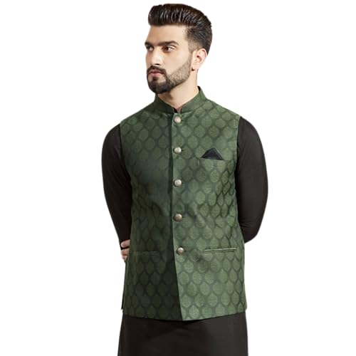 KISAH Men's Jacquard Silk/Cotton Blend Nehru Jacket- Traditional Indian Waistcoat for Weddings & Royal Parties, Green1, 42