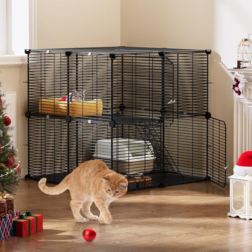 YITAHOME Cat Cage Indoor Cat Enclosures 2-Tiers DIY Cat Playpen, Cat Cage with Metal Wire Dense, Cat Pet Playpen Metal Kennel for 1-2 Cats, Ferret, Rabbit, Small Animals, Black, 71x 71x71cm