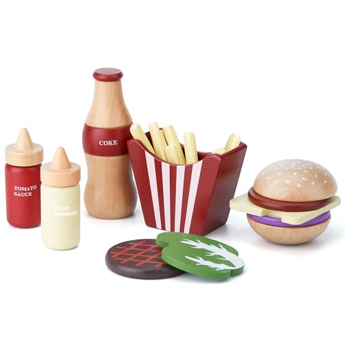 Wooden Play Food for Kids Pretend Hamburger Set Fast Food Toy Play Kitchen Accessories for Toddlers Toy Food Gift for Boys Girls Educational Toys