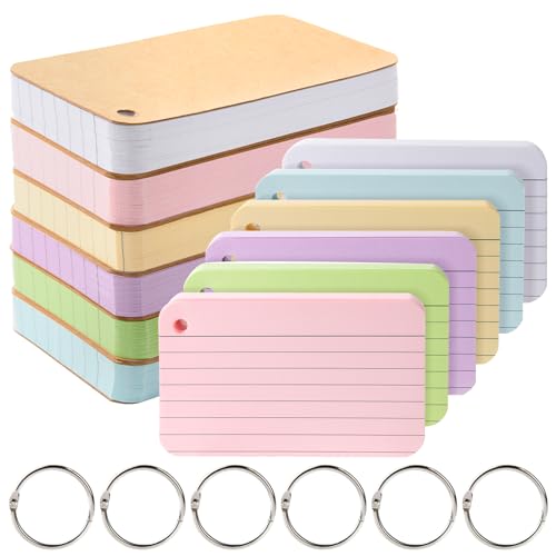 zmybcpack 6 Pack 600 Pcs Lined Index Cards 3 x 5 Inches, Assorted Colored Punched Flash Cards with 6 Metal Binder Rings, Ruled Index Flashcards Lined Note Cards for Students Study, Office and Home