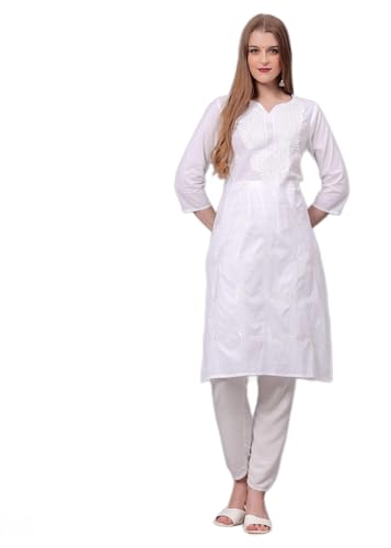 JG JAI GOVINDAM Indian Hand Embroidered White Kurti for Women Chikankari Straight Cotton Long Kurti's Tunic Kurta Dreses for Women (Medium)