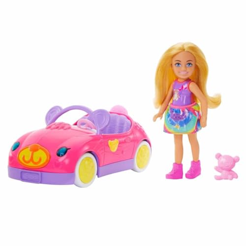 Barbie Chelsea Toy Car Set with Bear-Themed Convertible & Teddy Bear Accessory, Blonde Small Doll Wears Removable Skirt & Shoes