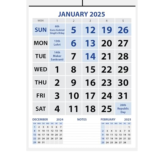 LAURET BLANC 2025 Wall Calendar -14.75" X 20" for Home & Office, Holidays Mentioned, (H)