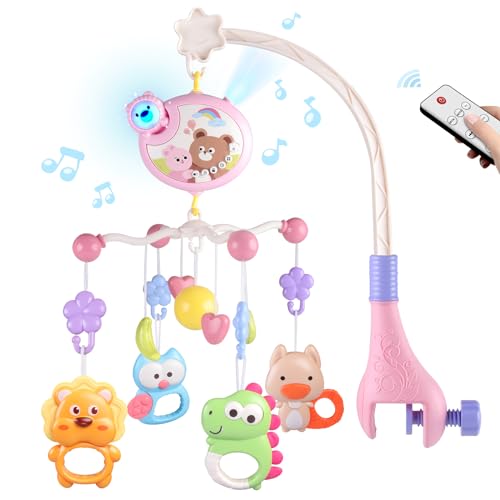 RSEPD Crib Mobile with Music and Lights, Baby Mobiles for Cribs, Nursery Musical Mobile for Bassinets Toys Hanging Girls Boys, Pack and Play Space Portable Animal Mobile Hanger Arm Clip On Attachment