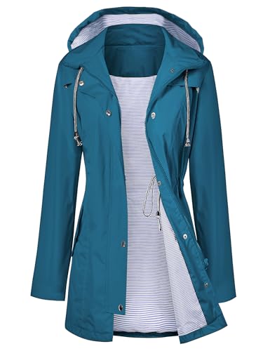 LOMON Raincoat Women Waterproof Long Hooded Trench Coats Lined Windbreaker Travel Jacket S-XXL, Deep Blue, XX-Large