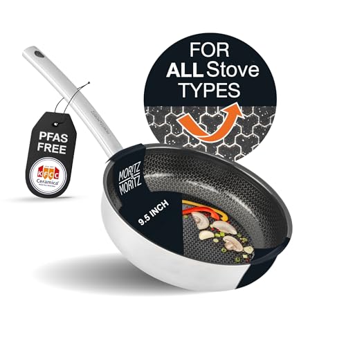 Moritz & Moritz Stainless Steel Pan Honeycomb Structure 9.5 inches with Ceramic Coating Suitable for All Cooktops Non-Stick Pan with Straight Edge for Cooking, Roasting, and Braising.