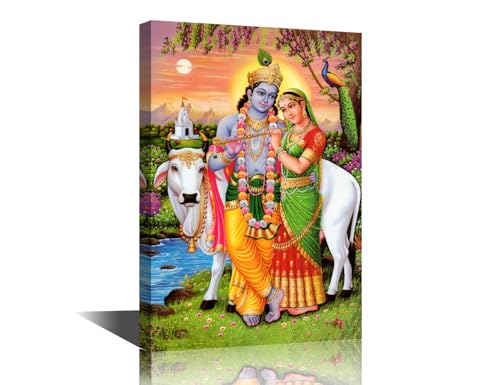 Hindu God Pictures for Bedroom Lord Radha Krishna Wall Decor Hinduism Cultural Canvas Wall Art 1 Piece Lord Radha Krishna Wall Art Artwork Poster and Print Framed Ready to Hang (16''Wx 24''H)
