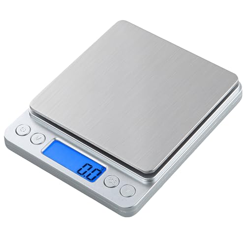 Small Digital Scale,3kg/0.1g,Kitchen Scale,Food Scale,with Blue Backlit LCD Display, 6 Units, Auto Off, Tare, PCS Function, Stainless Steel, Battery Included,2 Trays