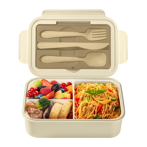 Diboniur Lunch Box, Bento Lunch Box Enfant Adulte Boîte 1400 ml avec 3 Compartiments, Conception Sans Fuite Lunchbox avec Couverts, pour Micro-onde Lave-vaisselle, École Pique-Nique Travail (Kaki)